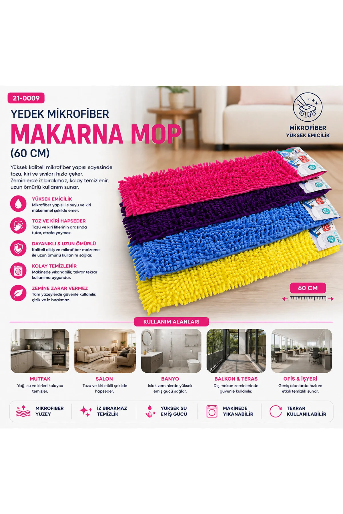 60CM.YEDEK MİKROFİBER RENKLİ MAKARNA MOP (4741) - Just Cheap Store Görsel 2