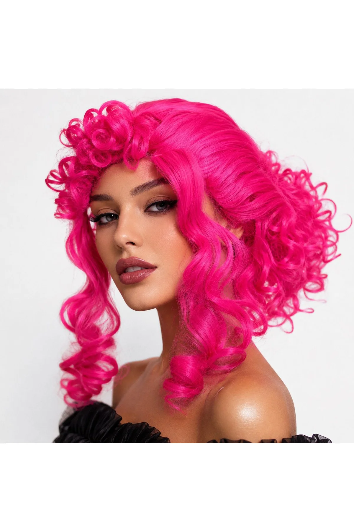 Neon Pembe Bukleli Kıvırcık Cosplay Peruğu - İçi Astarlı (4741)