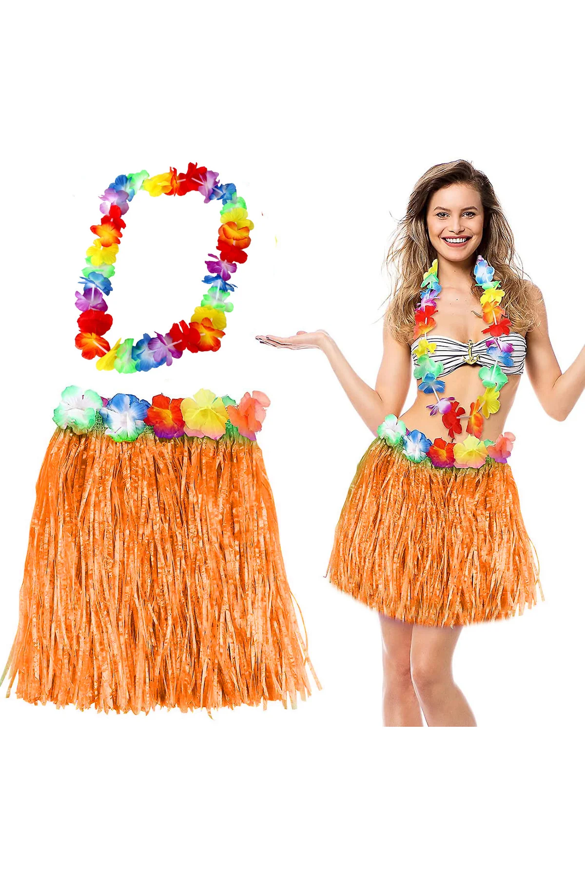 Hawaii Luau Aloha Turuncu Püsküllü 40 cm Etek ve Hawaii Kolye Seti (4741)