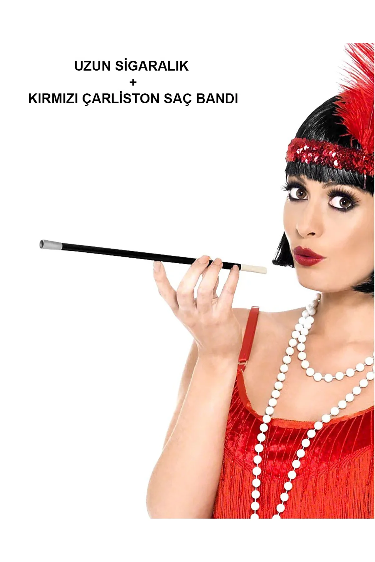 1920&amp;apos;ler 1990&amp;apos;lar Gatsby Kadın Aksesuar Seti – Kırmızı Charleston Saç Bandı ve Sig