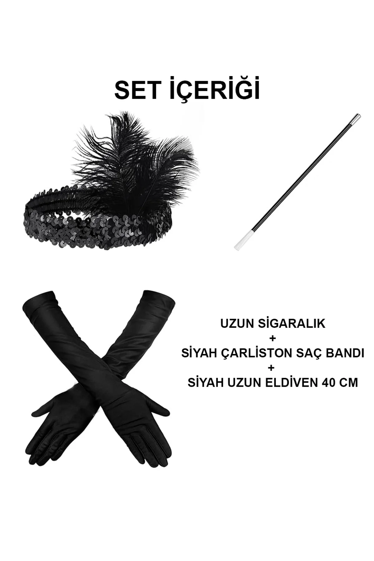 1920&amp;apos;ler Gatsby Aksesuar Seti – Siyah Charleston Saç Bandı, Uzun Eldiven &amp;amp;amp; Siga - Just Cheap Store Görsel 2