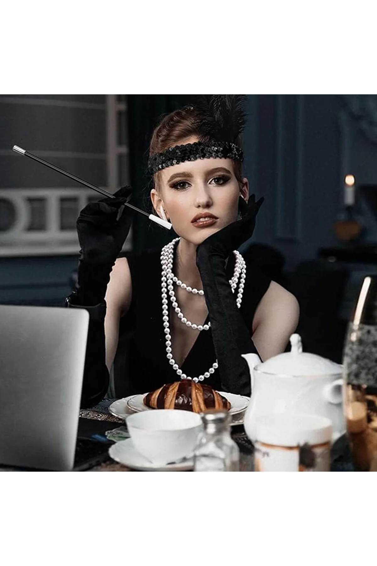 1920&amp;apos;ler Gatsby Aksesuar Seti – Siyah Charleston Saç Bandı, Uzun Eldiven &amp;amp;amp; Siga - Just Cheap Store Görsel 3
