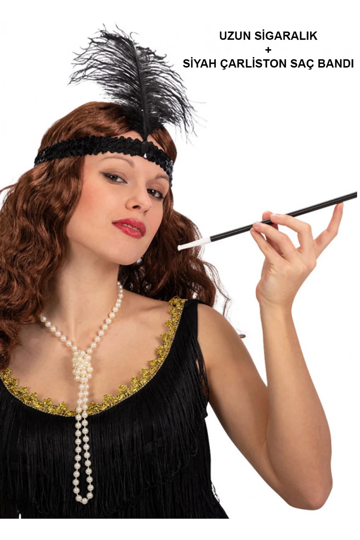 1920&amp;#39;ler Gatsby Aksesuar Seti – Siyah Charleston Saç Bandı &amp;amp; Sigaralık (4741)