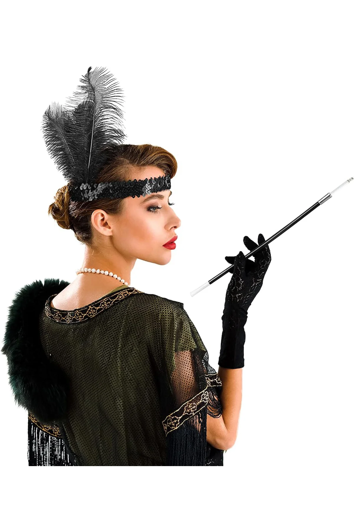 1920&amp;#39;ler Gatsby Aksesuar Seti – Siyah Charleston Saç Bandı &amp;amp; Sigaralık (4741) - Just Cheap Store Görsel 2