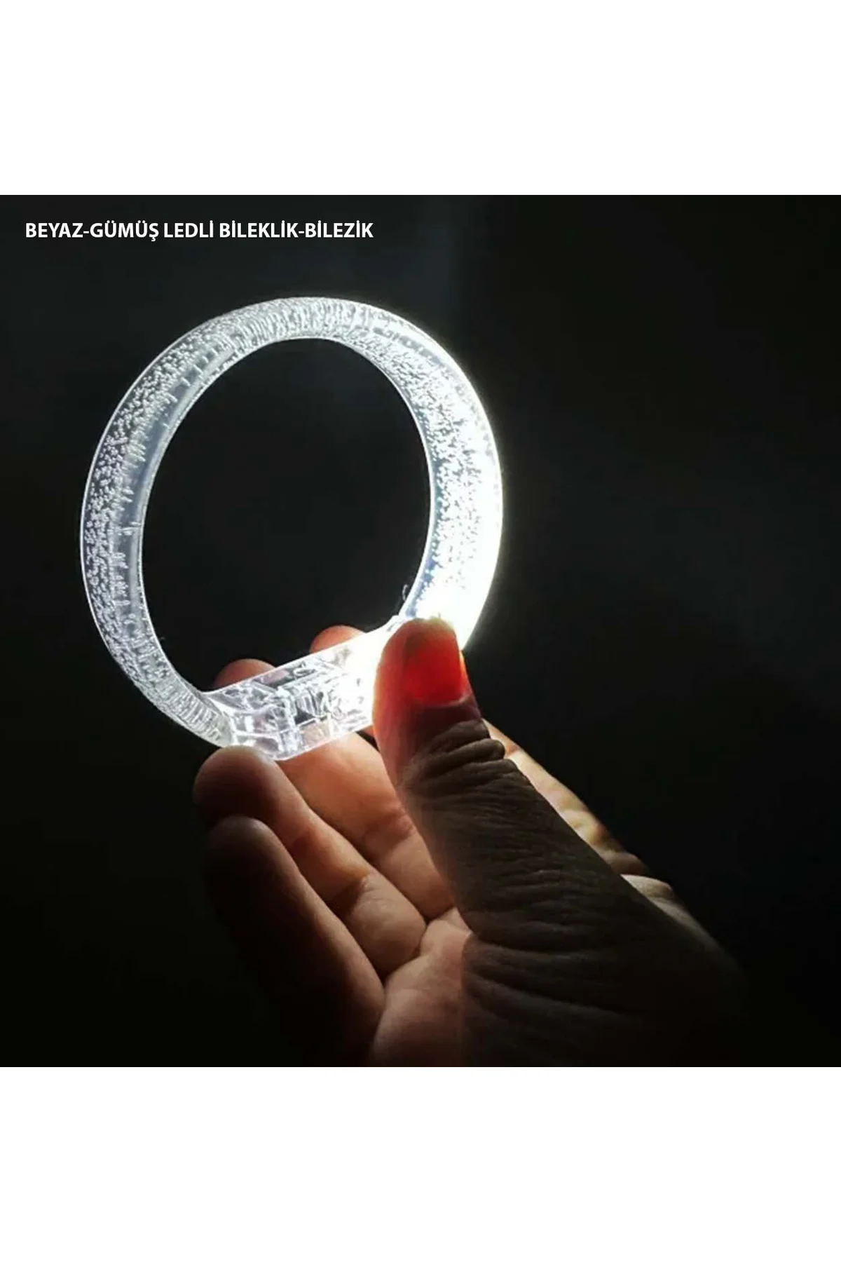 Beyaz-Gümüş Led Işıklı Baskı Yapılabilen Pilli Bileklik Bilezik 1,5 cm Genişlik (4741)