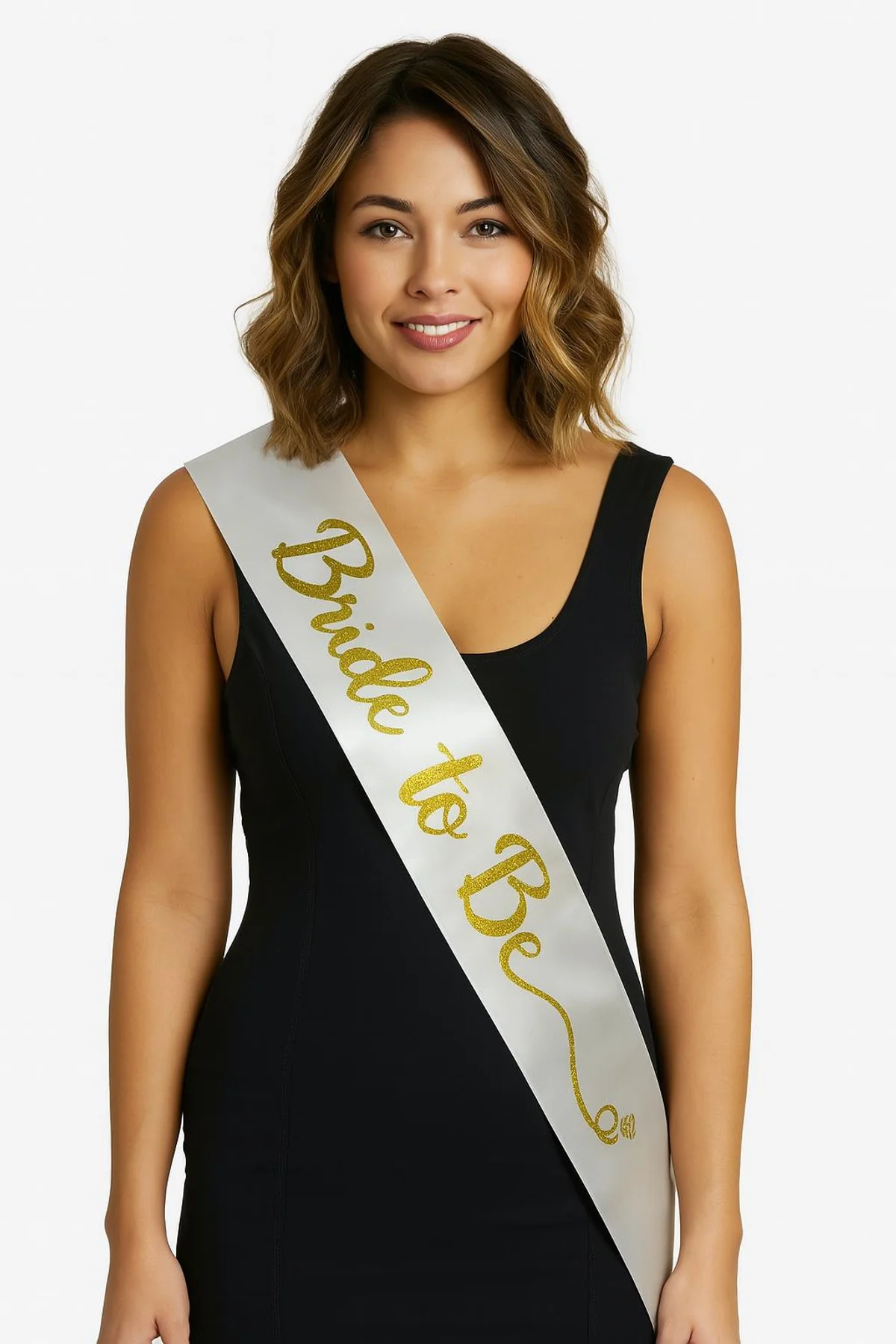 Beyaz Saten Üzerine El Yazısı İtalik Altın Bride To Be Kuşağı 10 cm Genişlik (4741)