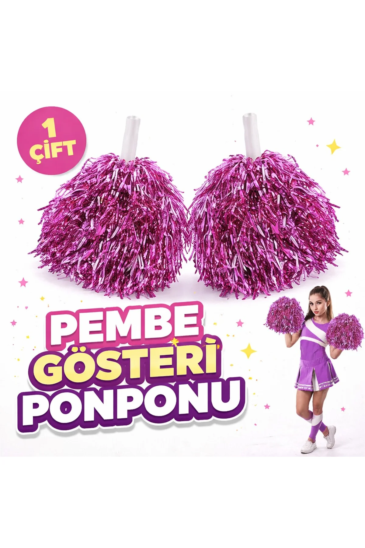 1 Çift ( 2 Adet ) Pembe Renk 23 Nisan 19 Mayıs 29 Ekim Okul Gösteri Ponponları Ekstra Dolgun (4741)