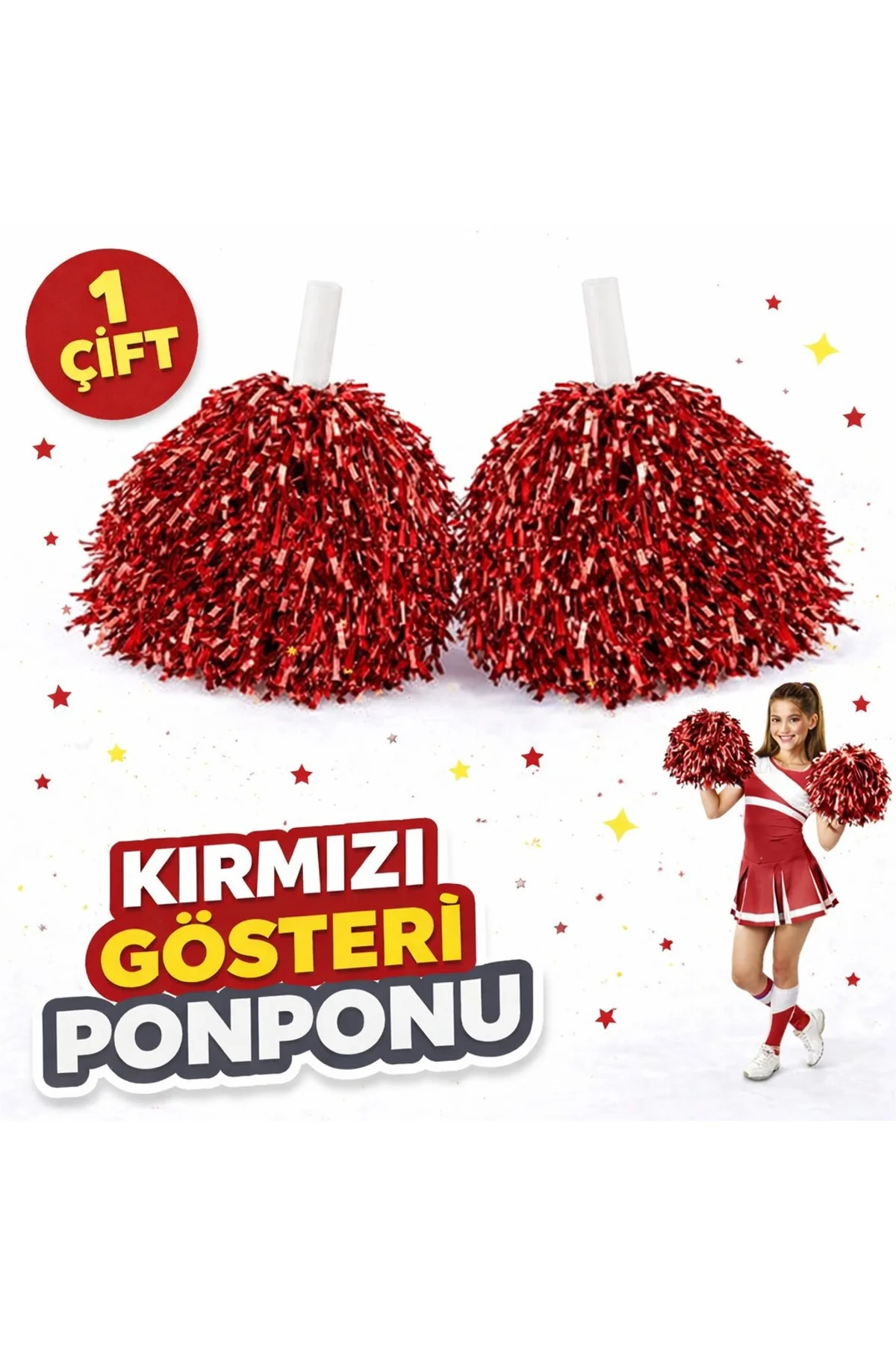 1 Çift ( 2 Adet ) Kırmızı Renk 23 Nisan 19 Mayıs 29 Ekim Okul Gösteri Ponponları Ekstra Dolgun (4741