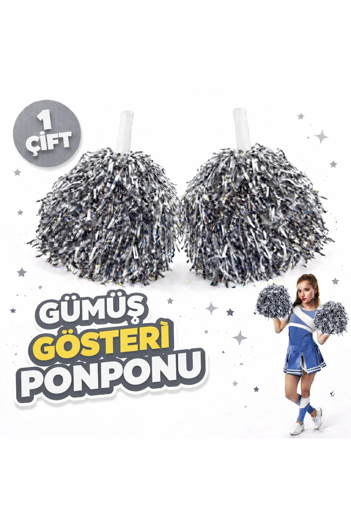 1 Çift ( 2 Adet ) Gümüş Renk 23 Nisan 19 Mayıs 29 Ekim Okul Gösteri Ponponları Ekstra Dolgun (4741)