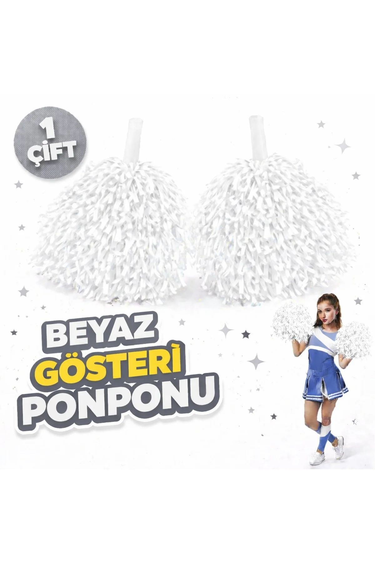 1 Çift ( 2 Adet ) Beyaz Renk 23 Nisan 19 Mayıs 29 Ekim Okul Gösteri Ponponları Ekstra Dolgun (4741)