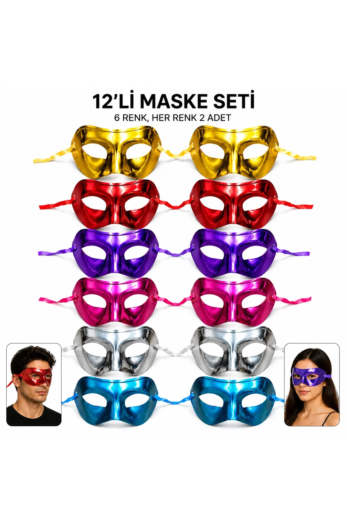 12&amp;apos;li Metalik Venedik Toptan Parti Maskesi Seti – 6 Renk Karışık (4741)