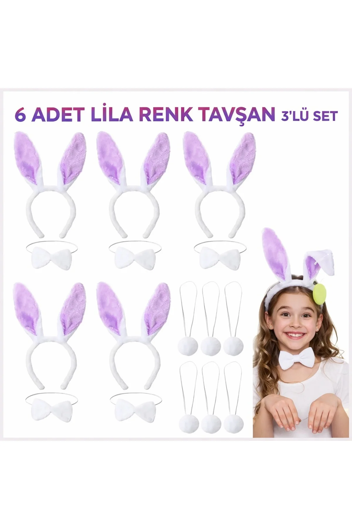 Lila Tavşan Sahne Seti 6&amp;apos;lı Set Taç Papyon Kuyruk (4741)