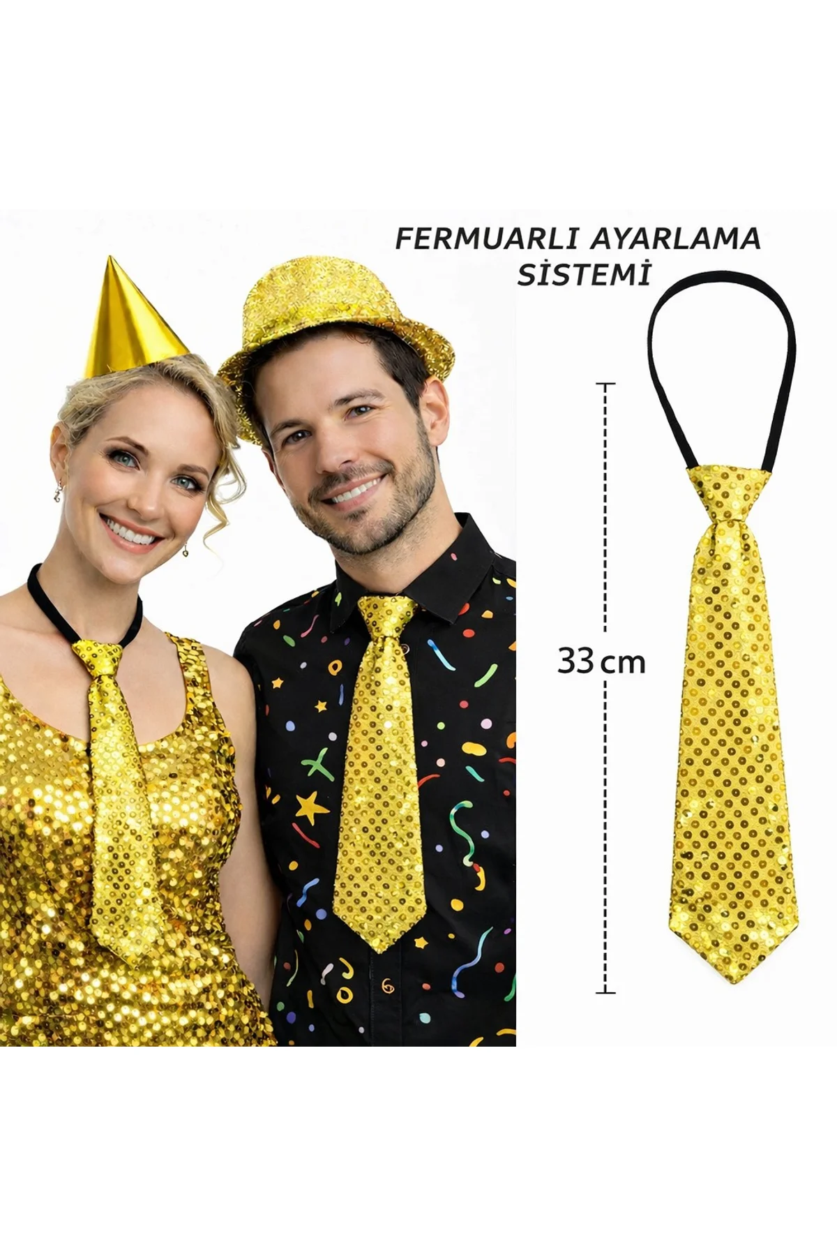 Altın Renk Pul Payetli Işıltılı Parti Kravatı 33 cm (4741)