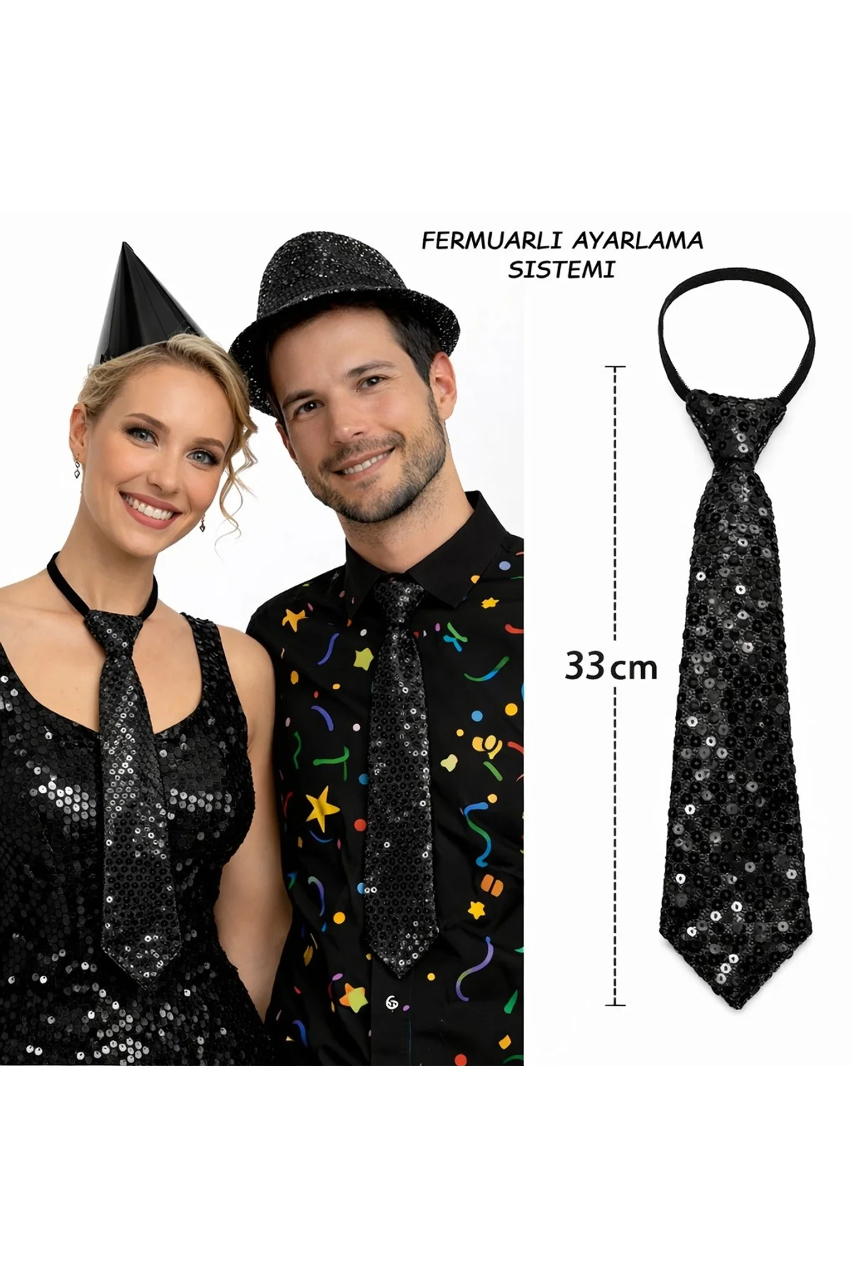 Siyah Renk Pul Payetli Işıltılı Parti Kravatı 33 cm (4741)
