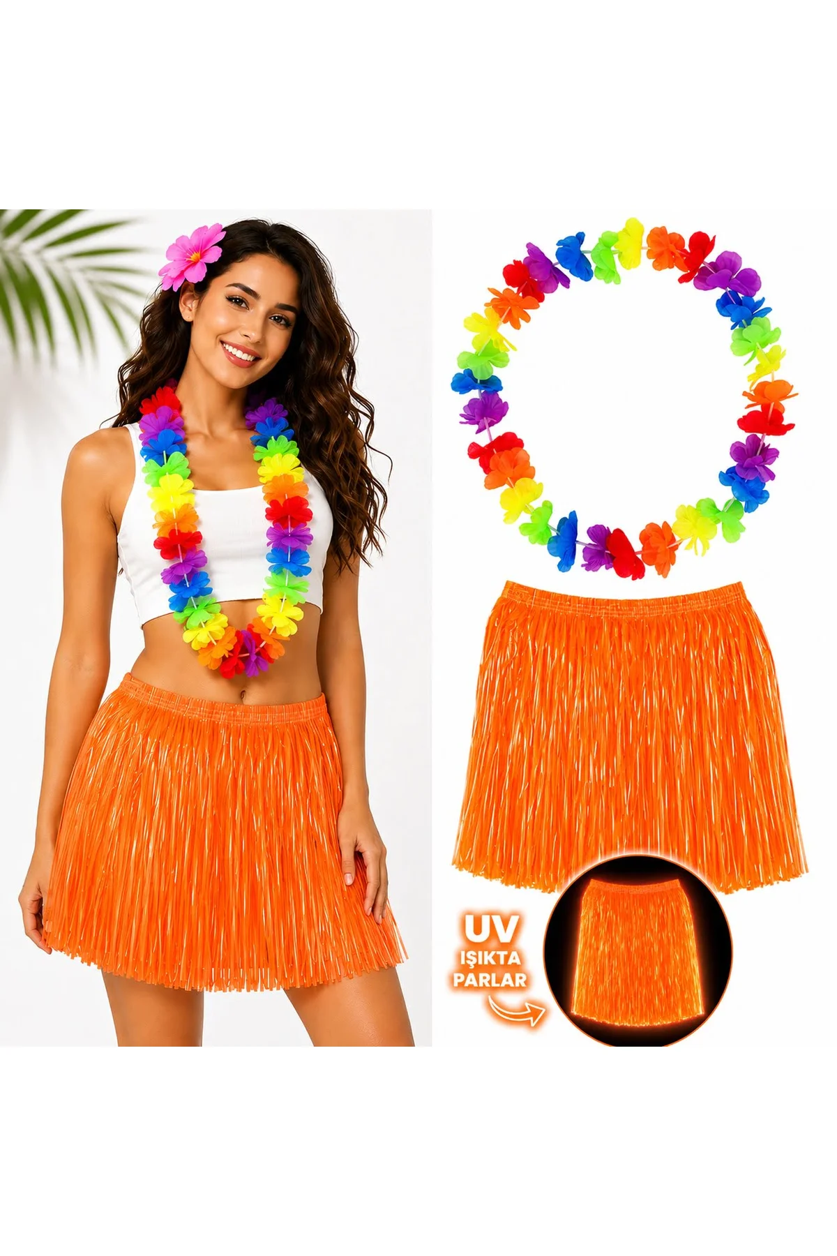 Neon Turuncu Hawaii Etek 40 cm ve Rengarenk Hawaii Kolye (4741)