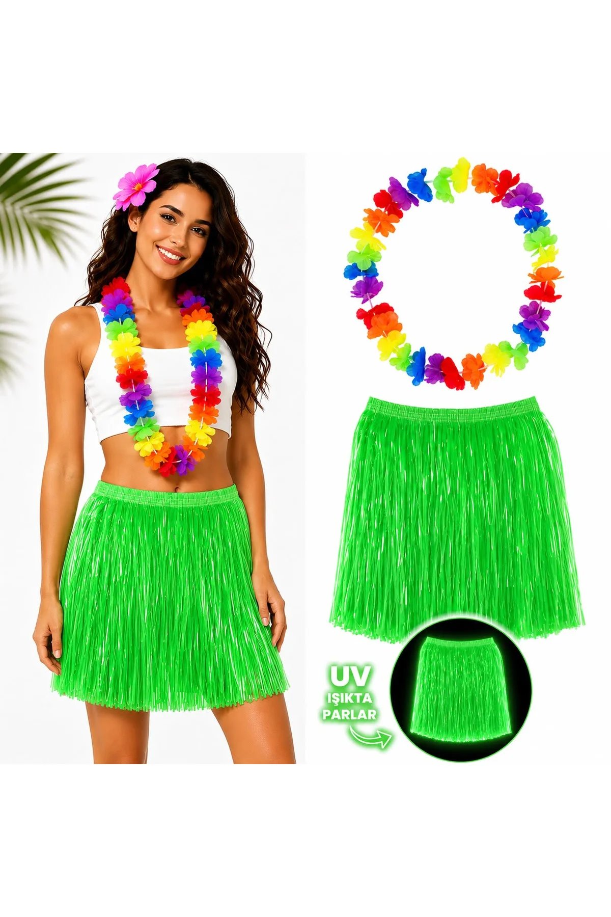 Neon Yeşil Hawaii Etek 40 cm ve Rengarenk Hawaii Kolye (4741)