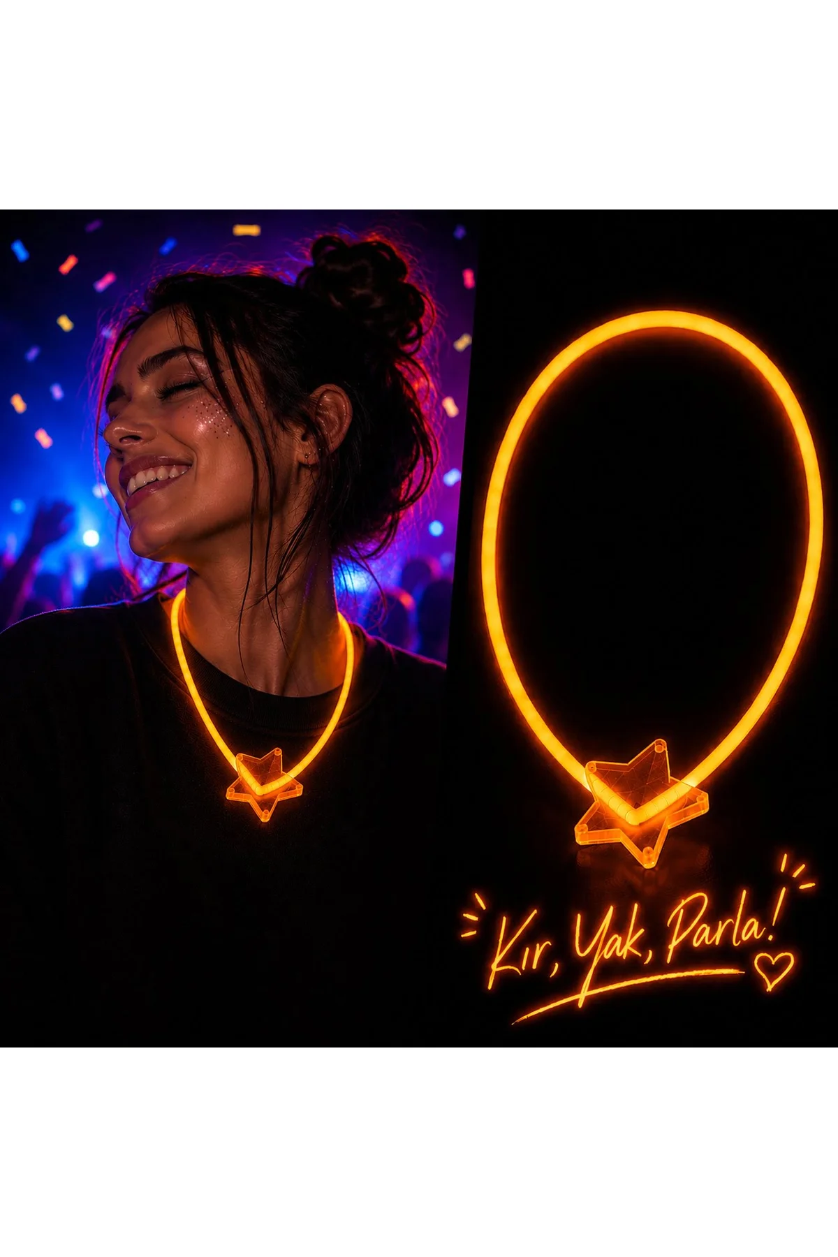 Fosforlu Yıldız Parti Kolyesi – Neon Işıklı Kolye Turuncu Renk (4741)