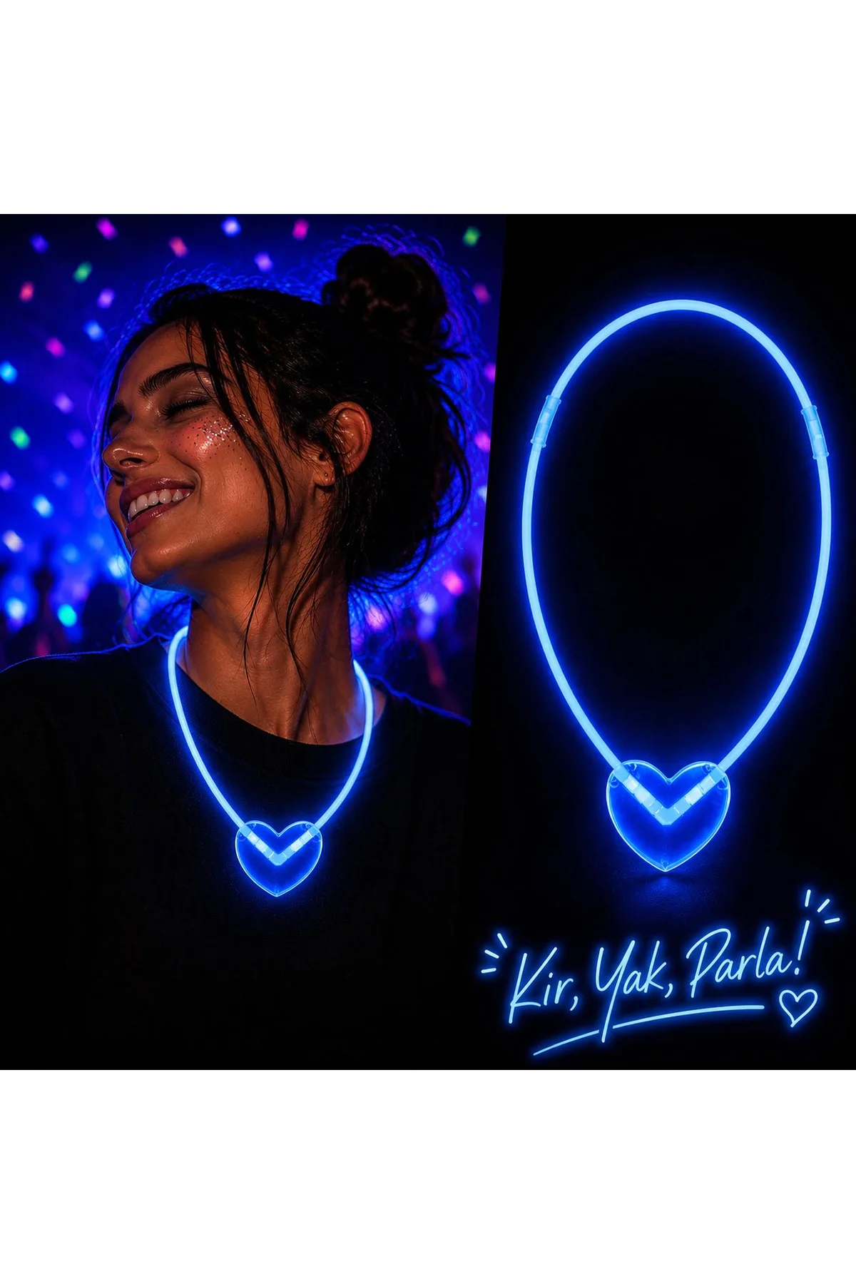 Neon Işıklı Fosforlu Kalp Parti Kolyesi Mavi Renk (4741)
