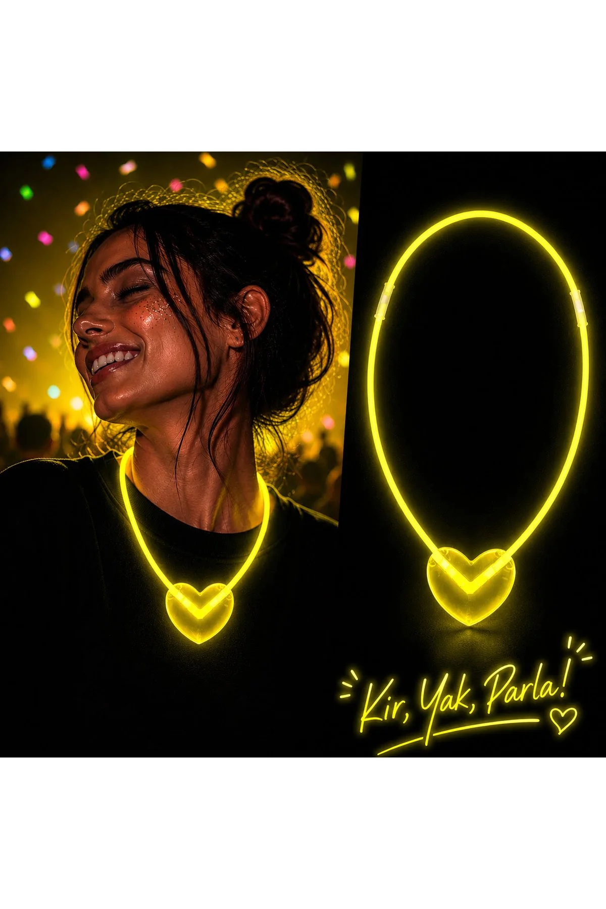 Neon Işıklı Fosforlu Kalp Parti Kolyesi Sarı Renk (4741)