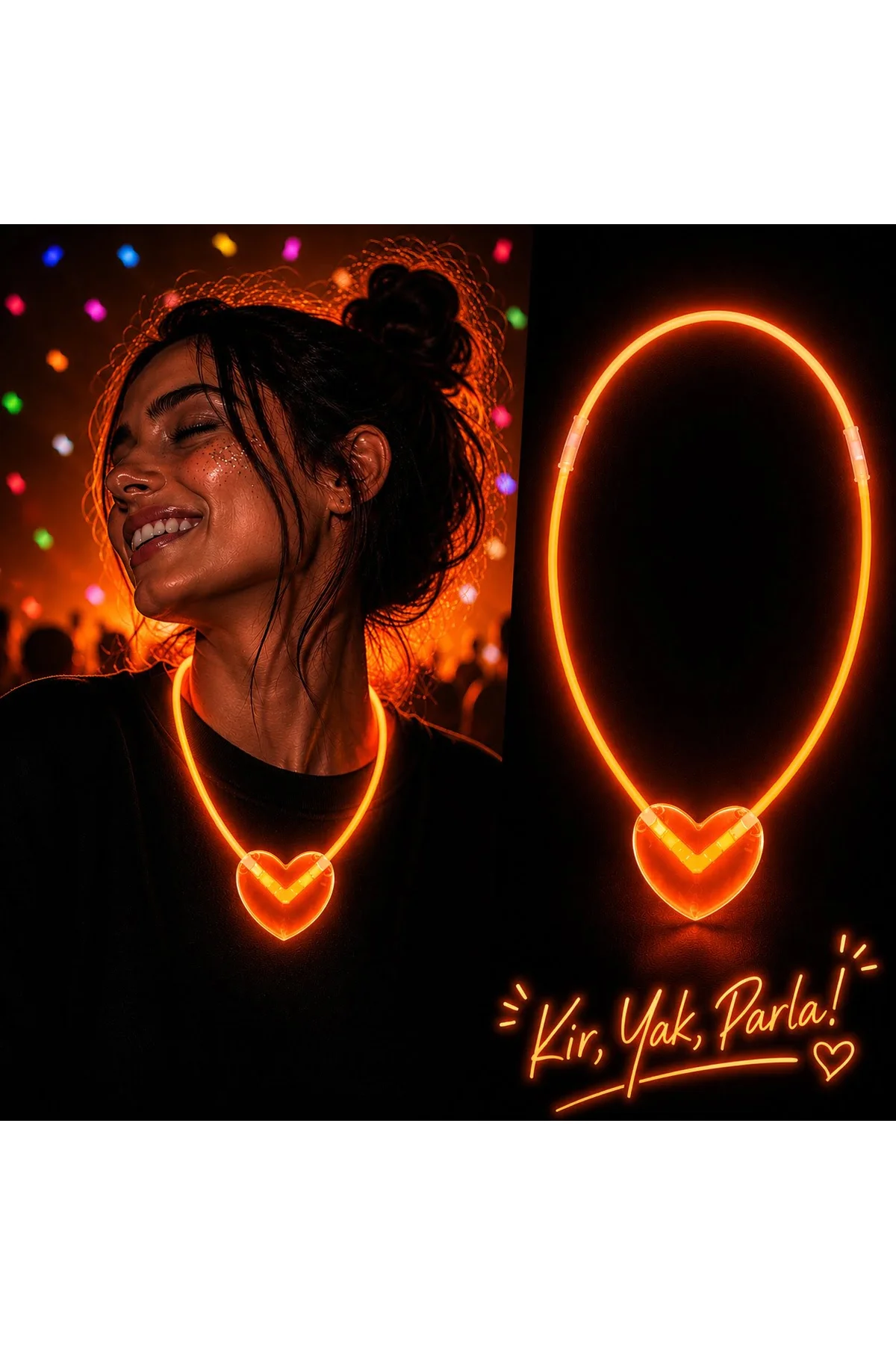 Neon Işıklı Fosforlu Kalp Parti Kolyesi Turuncu Renk (4741)