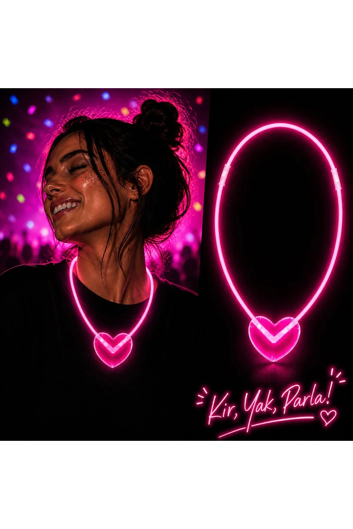 Neon Işıklı Fosforlu Kalp Parti Kolyesi Pembe Renk (4741)