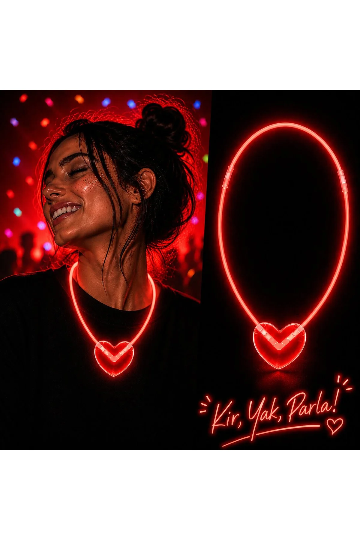 Neon Işıklı Fosforlu Kalp Parti Kolyesi Kırmızı Renk (4741)