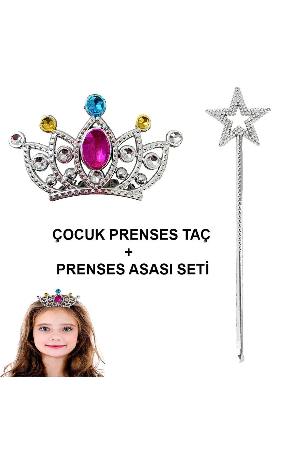 Çocuklar İçin Taraklı Prenses Tacı ve Prenses Yıldız Asa Seti Gümüş (4741)