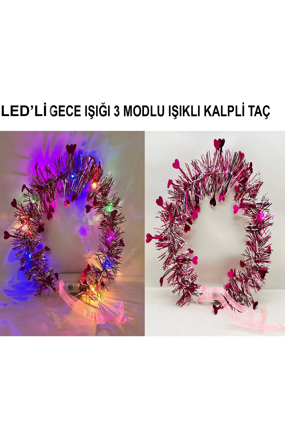 Kalp Püsküllü Gece Parıltısı 3 Modlu LED&amp;apos;li Işıklı Taç Fuşya Renk (4741) - Just Cheap Store Görsel 3