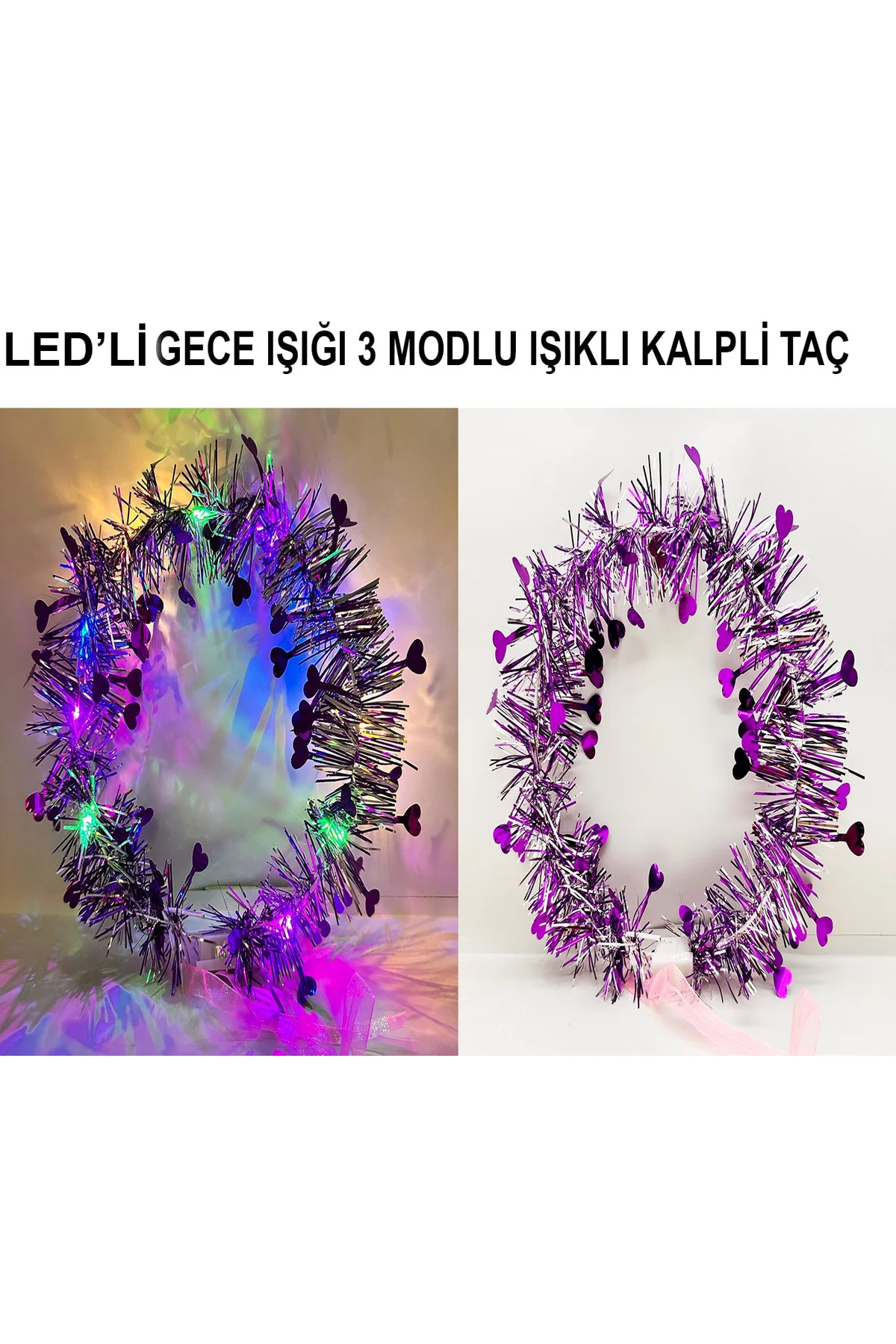Kalp Püsküllü Gece Parıltısı 3 Modlu LED&amp;apos;li Işıklı Taç Mor Renk (4741) - Just Cheap Store Görsel 3