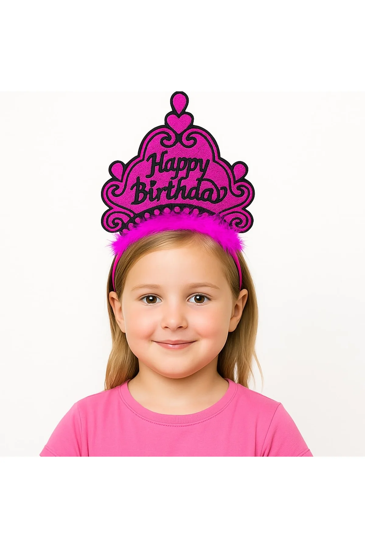Fuşya Happy Birthday Prenses Tacı – Doğum Günü Taç Aksesuarı (4741)