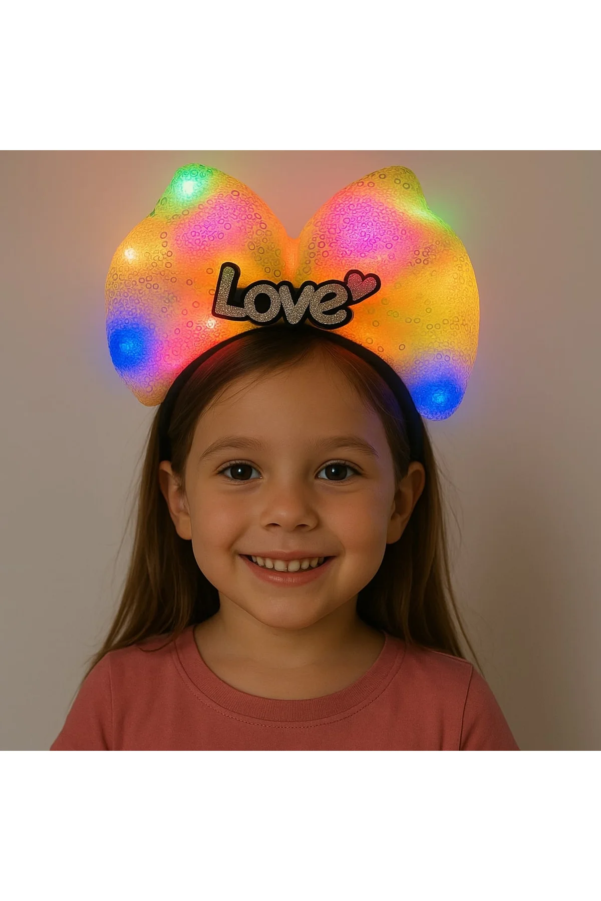 LED Işıklı Love Yazılı Sarı Fiyonk Taç – Kız Çocuk Parti Tacı (4741)