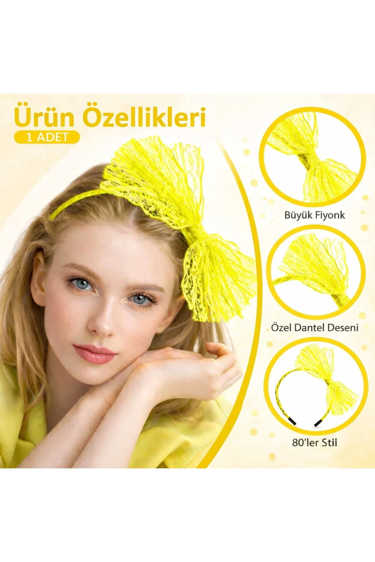 80’ler 90’lar Neon Sarı Dantel Taç Fiyonklu (4741) - Just Cheap Store Görsel 2