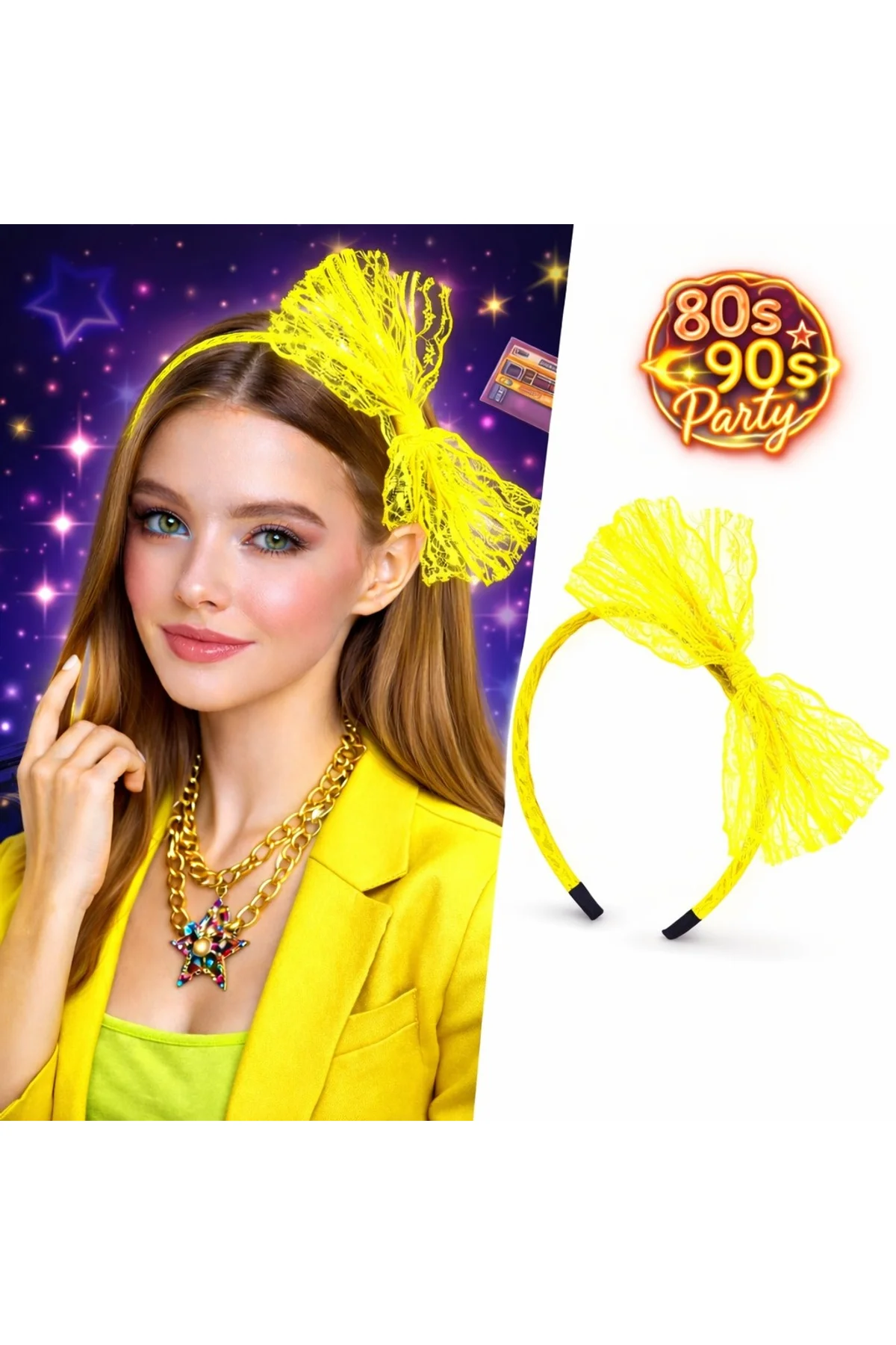 80’ler 90’lar Neon Sarı Dantel Taç Fiyonklu (4741)
