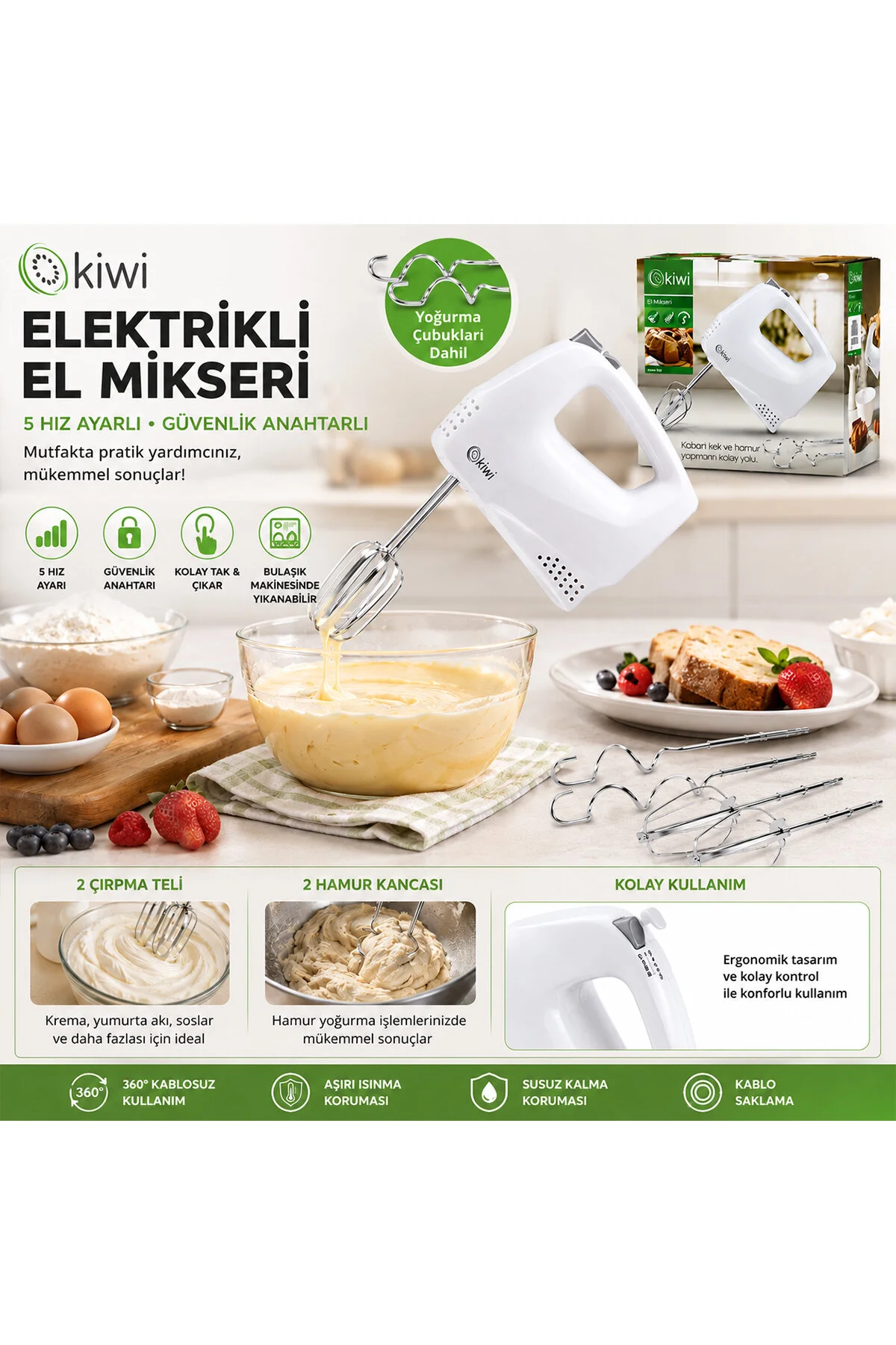 KİWİ KMX-3608 ELEKTRİKLİ EL MİKSERİ 2PCS METAL ÇIRPMA APARATI - 2PCS HAMUR KANCASI 5 KADEME HIZ ÇIRP - Just Cheap Store Görsel 2