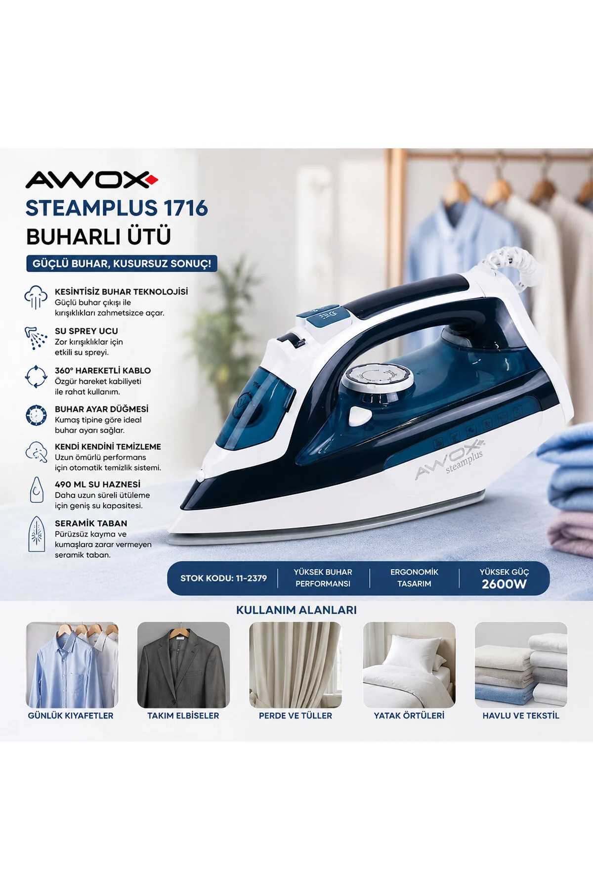 KOYU MAVİ - BEYAZ BUHARLI ÜTÜ SERAMİK TABAN - 360° HAREKETLİ KABLO - BUHAR AYARLAMA 2100W STEAMPLUS - Just Cheap Store Görsel 2