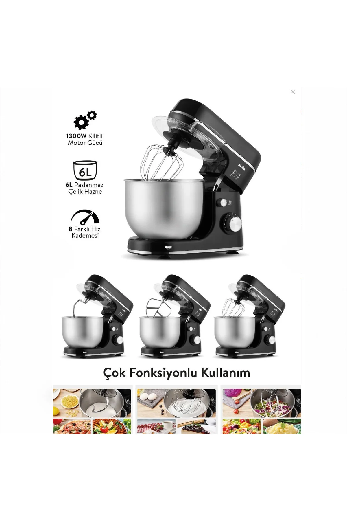 SİYAH STANDLI MİKSER ÇIRPICI - HAMUR YOĞURUCU - KARIŞTIRICI 8 KADEME HIZ AYAR 6L ÇELİK HAZNE 1300W S - Just Cheap Store Görsel 2