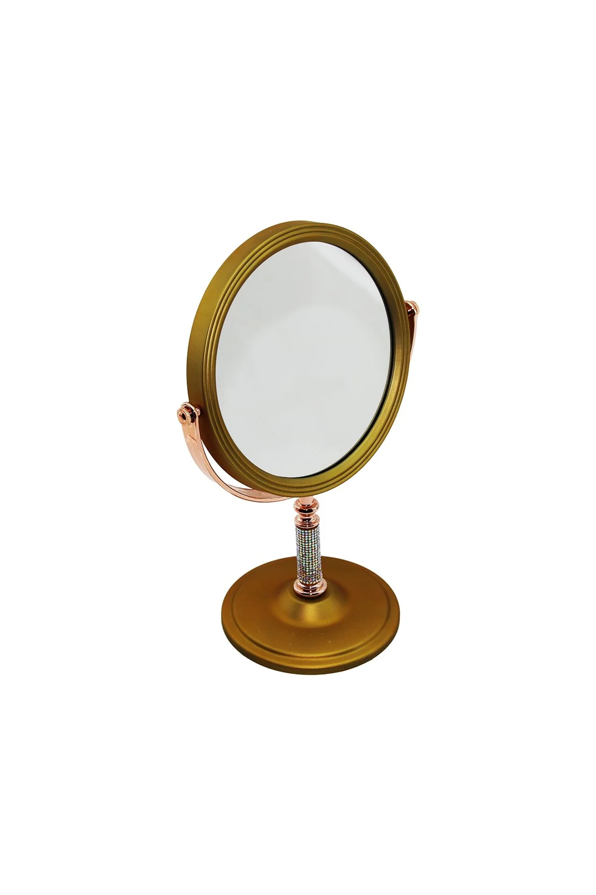TAŞ SAPLI YUVARLAK 7 İNÇ= ÇAP:17.5CM MAKYAJ AYNASI ÇİFT TARAFLI BRONZ - GÜMÜŞ PLS.ÇERÇEVE SABİT AYAK