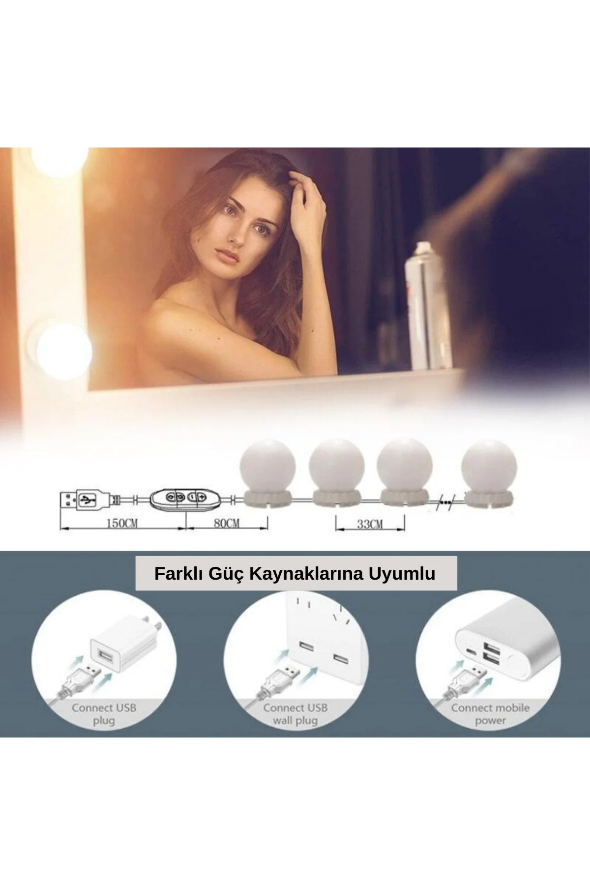 Nostalji Hollywood Tarzı 10'lu Makyaj Masası Aynası Beyaz Led Işıklı Lamba USB (4741) - Just Cheap Store Görsel 5