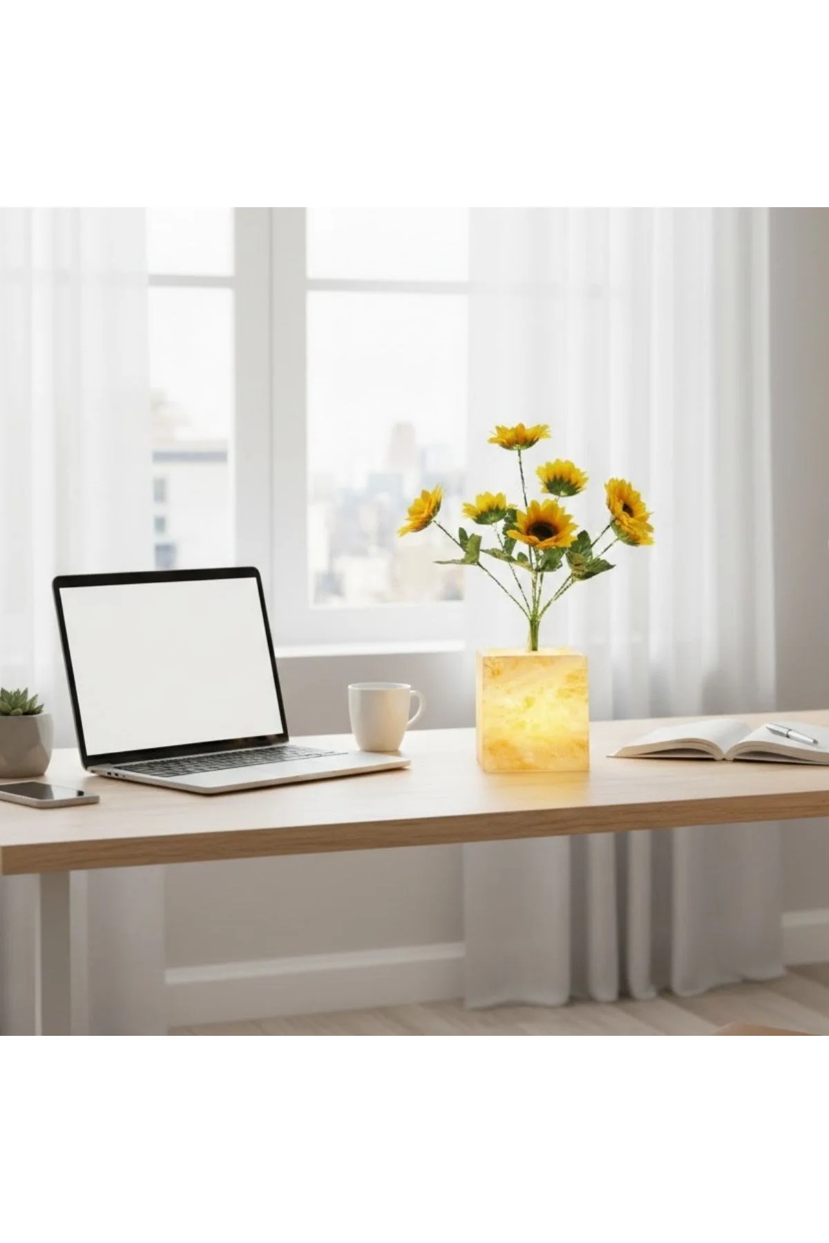 Işıklı Yapay Çiçek – Sarı Saksılı LED Dekoratif Bitki, Masaüstü ve Ev Ofis Aydınlatmalı Süs Bitkisi - Just Cheap Store Görsel 3