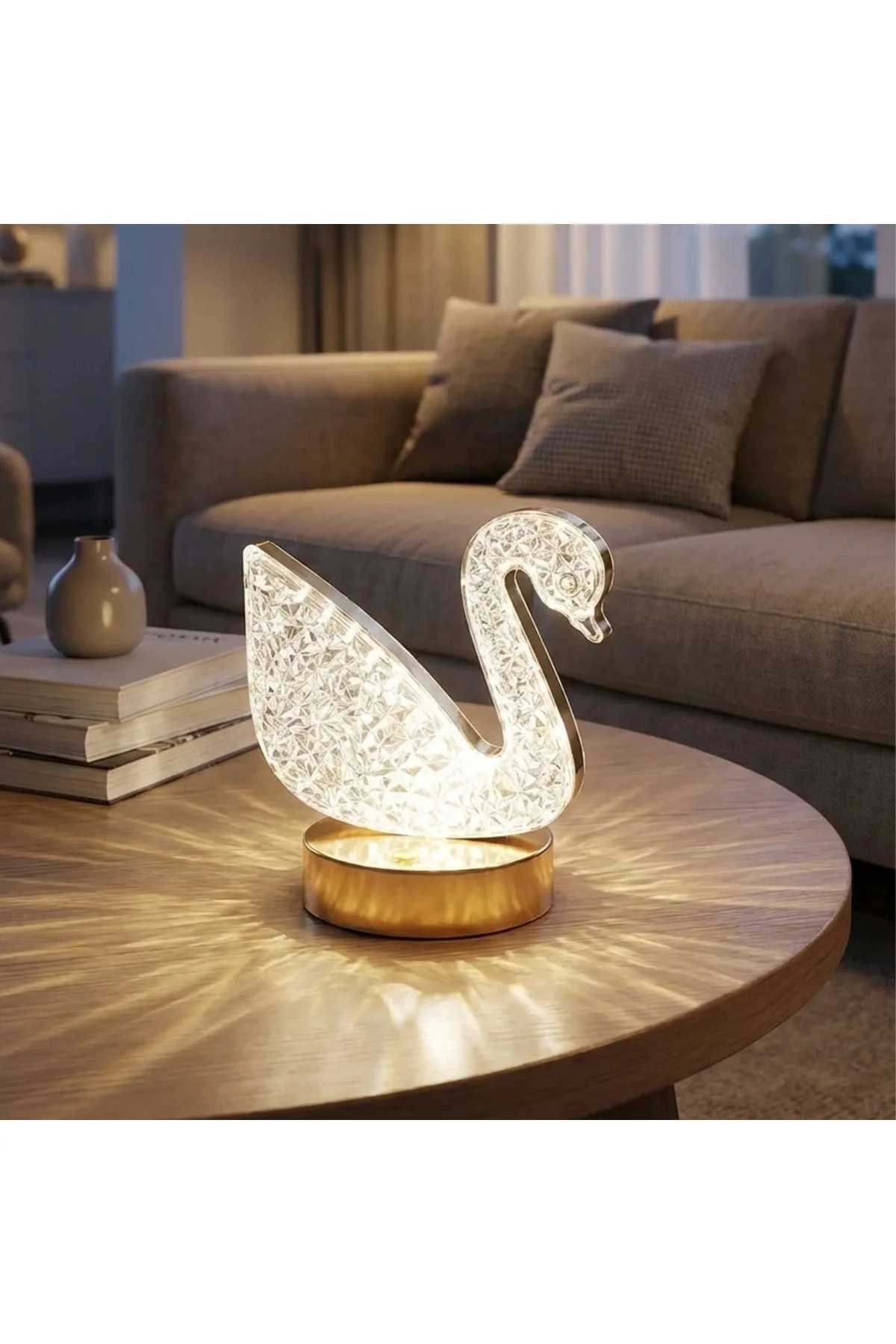 Kuğu Model Kristal LED Masa Lambası – Dokunmatik, 3 Renk Işık Modlu, Şarjlı Mini Dekoratif Gece Lamb