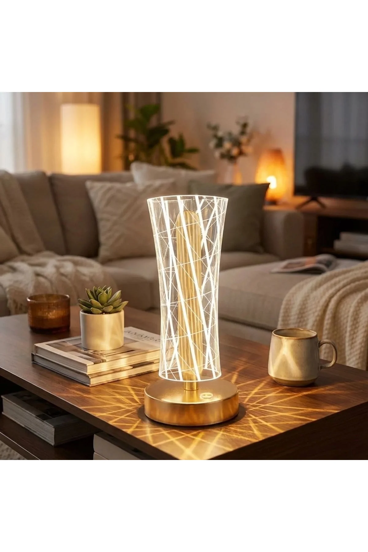 Silindirik Kristal Çizgi Model LED Masa Lambası – Gold Tabanlı, Dokunmatik, 3 Renk Işık Modlu, Şarjl