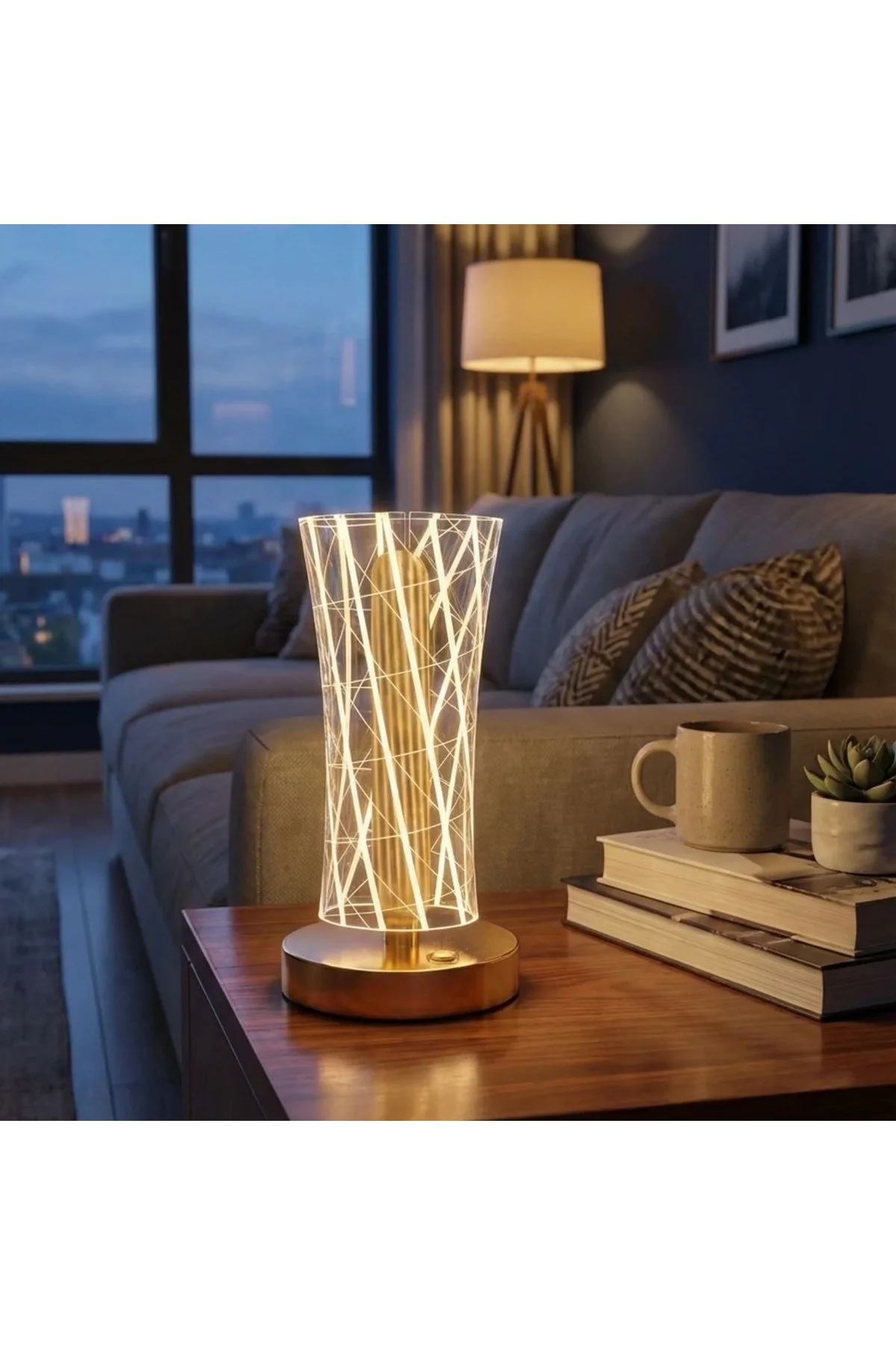 Silindirik Kristal Çizgi Model LED Masa Lambası – Gold Tabanlı, Dokunmatik, 3 Renk Işık Modlu, Şarjl - Just Cheap Store Görsel 4