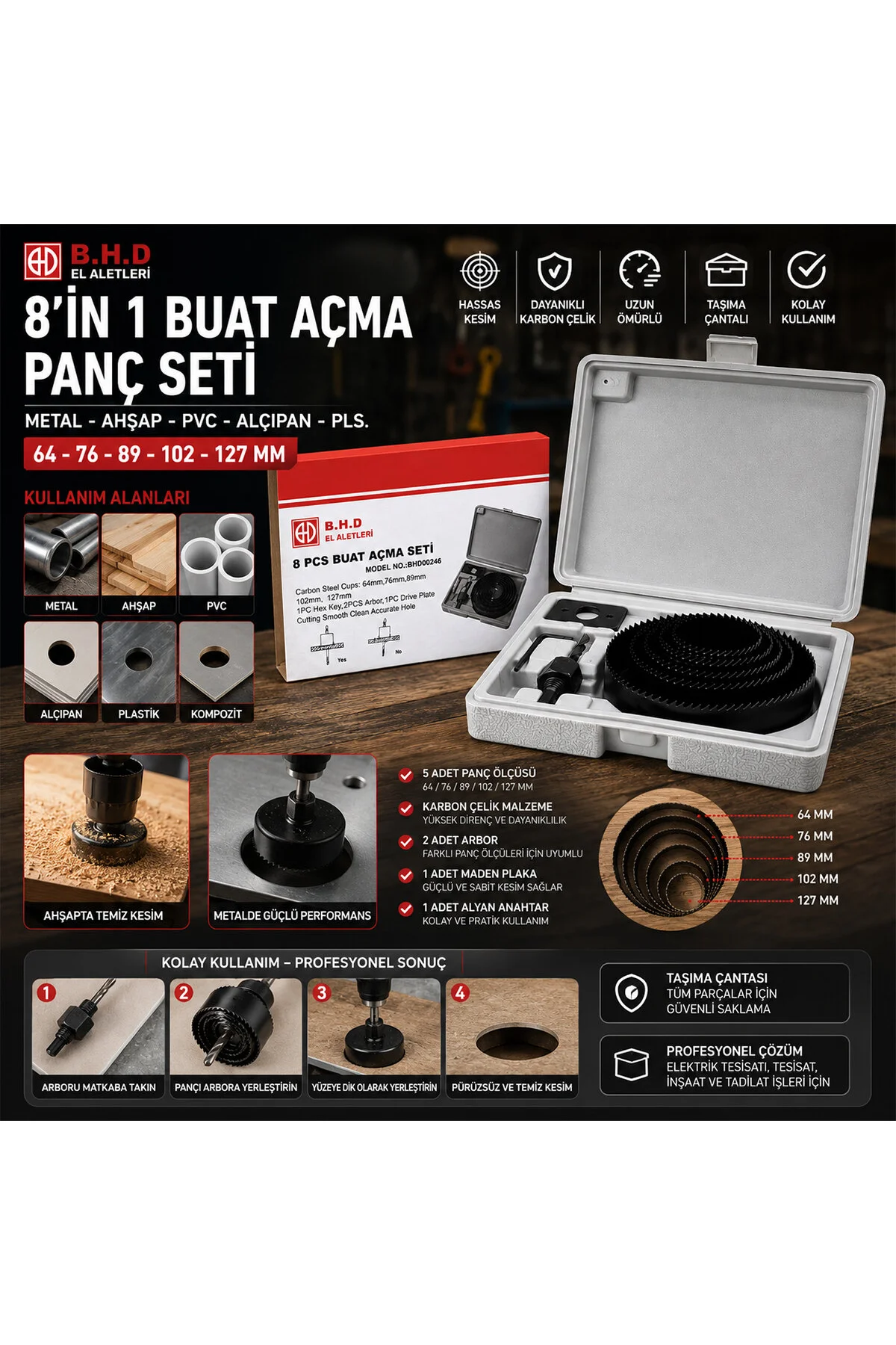 8İN1 BUAT AÇMA PANÇ SETİ METAL - AHŞAP - PVC - ALÇIPAN - PLS. 64-73-89-102-127MM KTX-3243 (4741) - Just Cheap Store Görsel 2