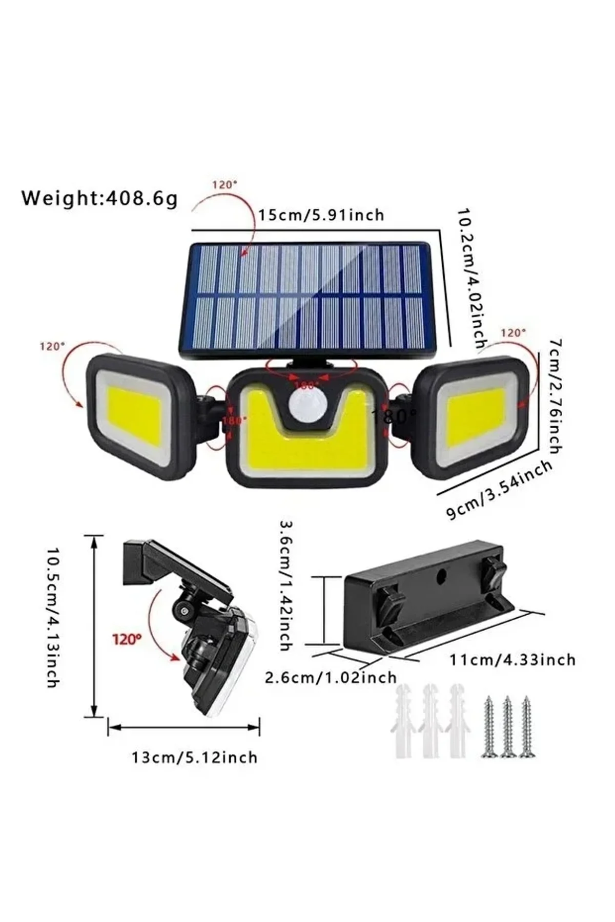 Üçlü Solar Led Projektör – Beyaz Işık – Sensörlü Dış Mekân Aydınlatma (4741)