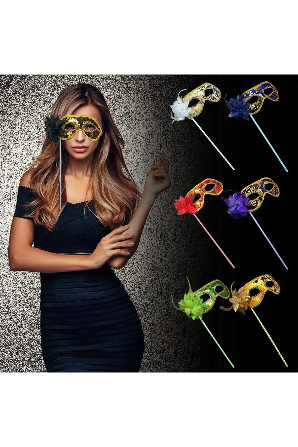 Lüks Taşlı Saplı Maskeli Balo Maskesi Mor Renk 35 cm (4741) - Just Cheap Store Görsel 2