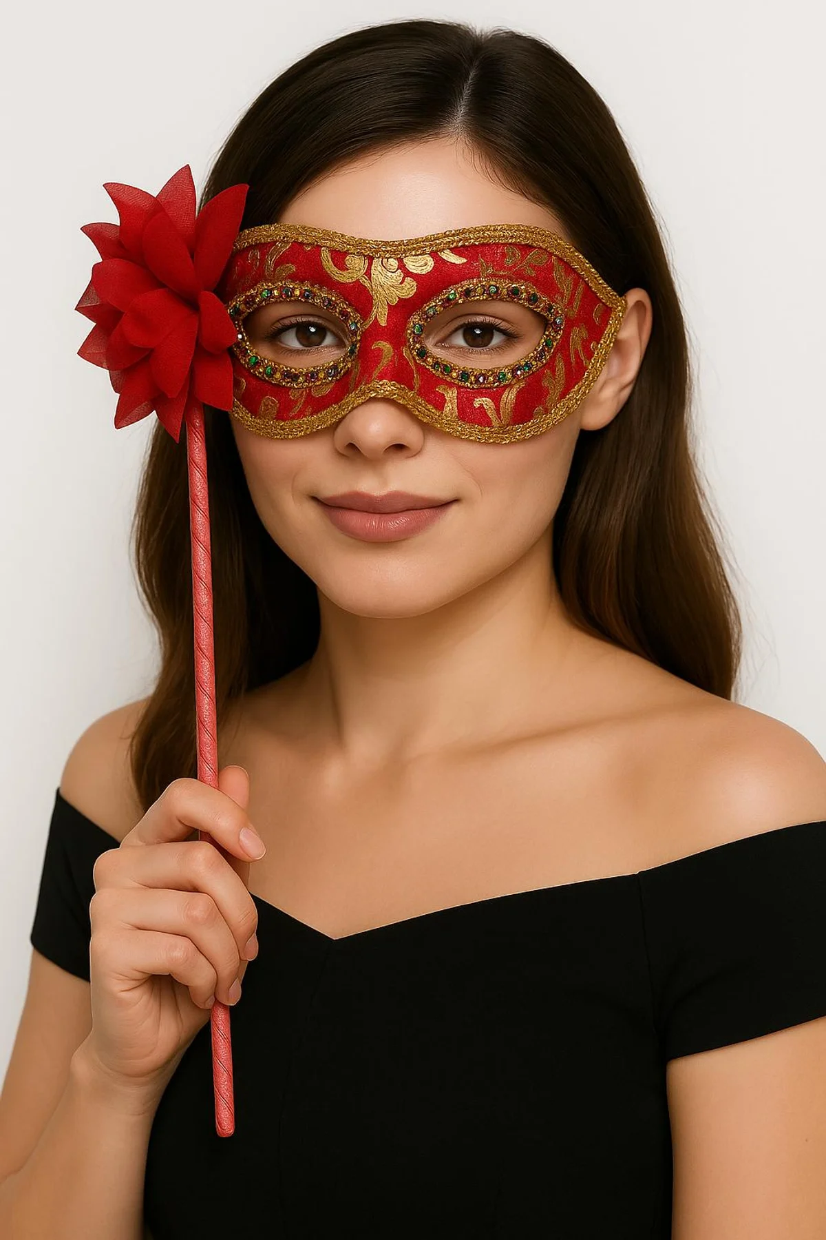 Lüks Taşlı Saplı Maskeli Balo Maskesi Kırmızı Renk 35 cm (4741)