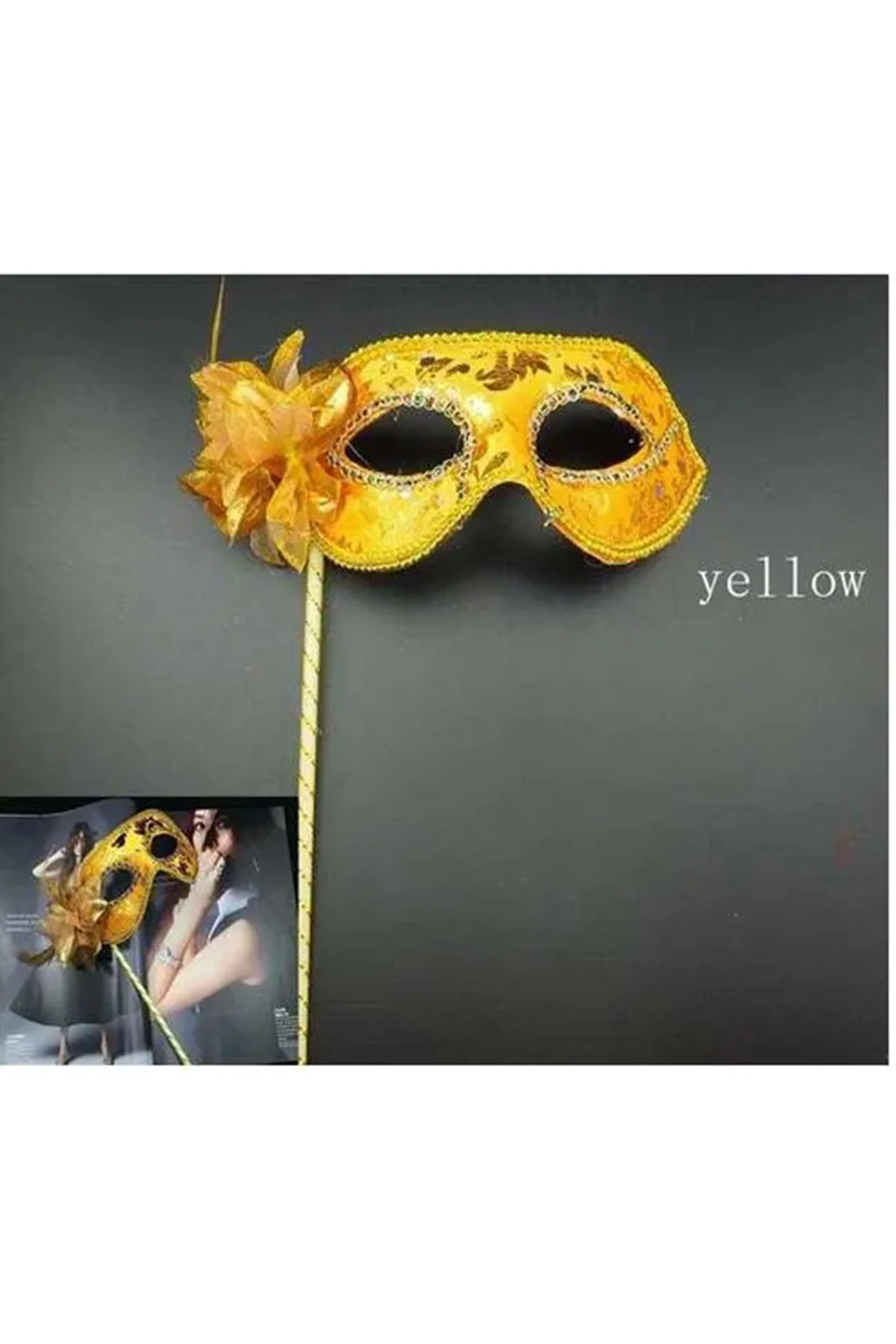 Lüks Taşlı Saplı Maskeli Balo Maskesi Altın Renk 35 cm (4741) - Just Cheap Store Görsel 4