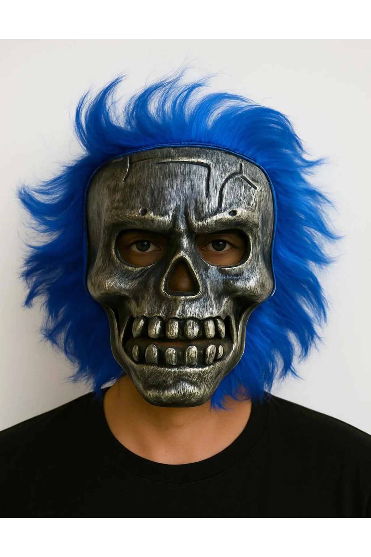 Wild Skull - Gümüş Kafatası Mavi Saçlı İskelet Maske (4741)