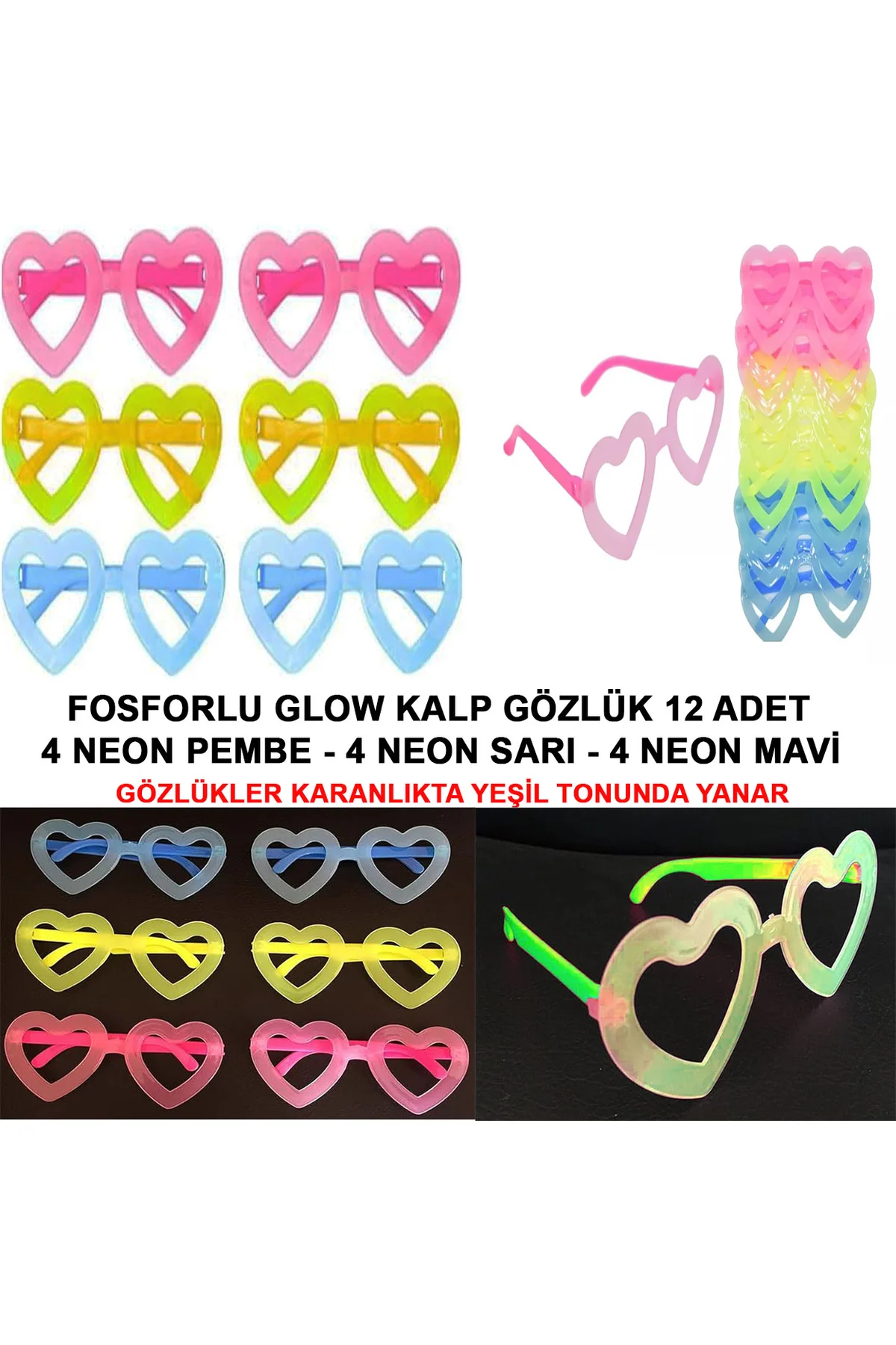 Fosforlu Kalp Model Glow Parti Gözlüğü Karanlıkta Yanan Gözlükler 12 Adet (4741)