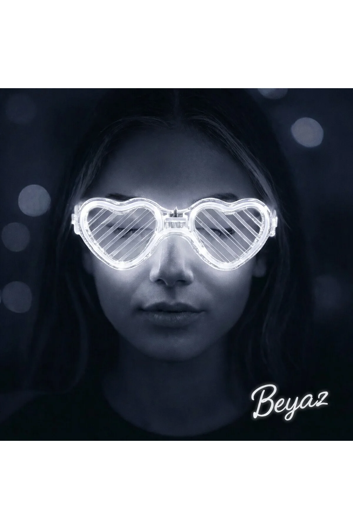 Beyaz LED Işıklı Kalp Gözlük – 3 Modlu Parti - Glow Gözlüğü (4741)